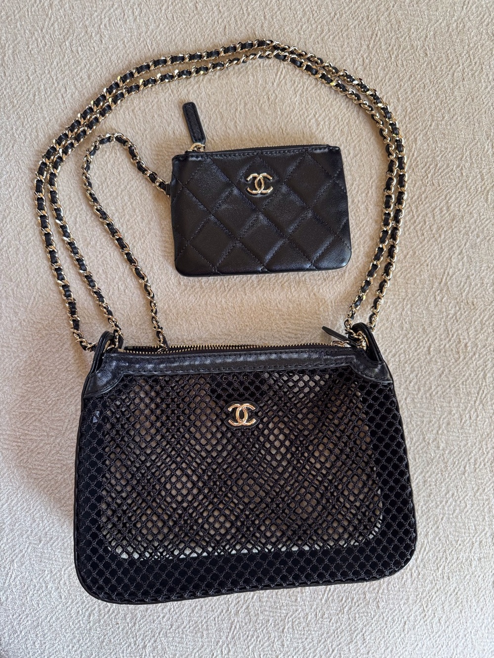 Pre-Loved GWP Beauty CHANEL Makeup Mesh Clutch with Chain Strap & Small Pouch